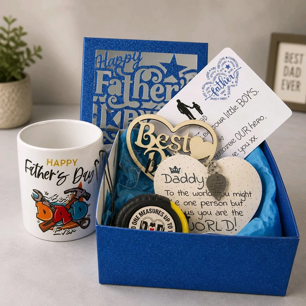 Gift Box! 
Deep filled box, lined with tissue paper, ready for the perfect gift. The lid has Happy Father's Day delicately cut into it. An acetate window allows the recipient to view the contents. (Gifts are available on request). #00456