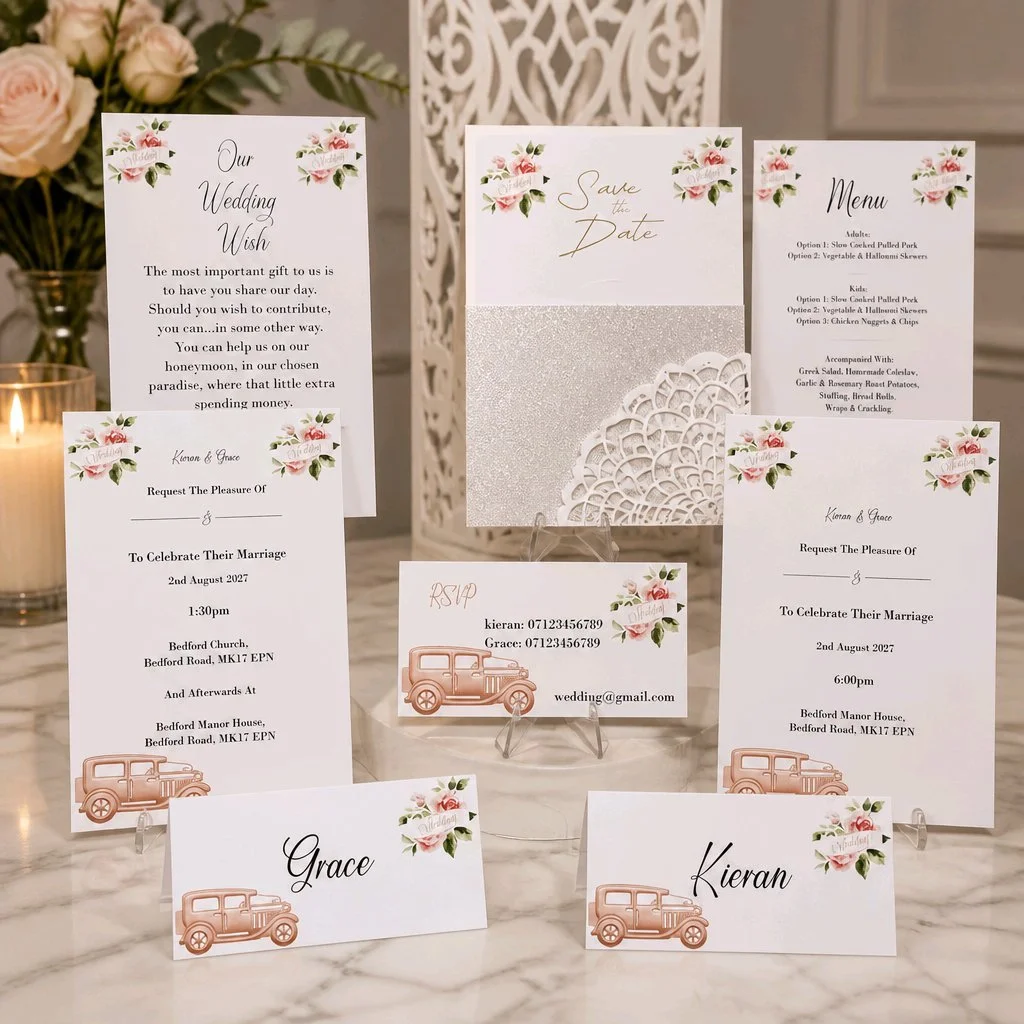 Inside is an insert pouch to hold all of your important wedding information. These really are a popular choice for the happy couple. This invitation comes with or without the car on the crafted carrier card. What's included! Crafted card, Save the da