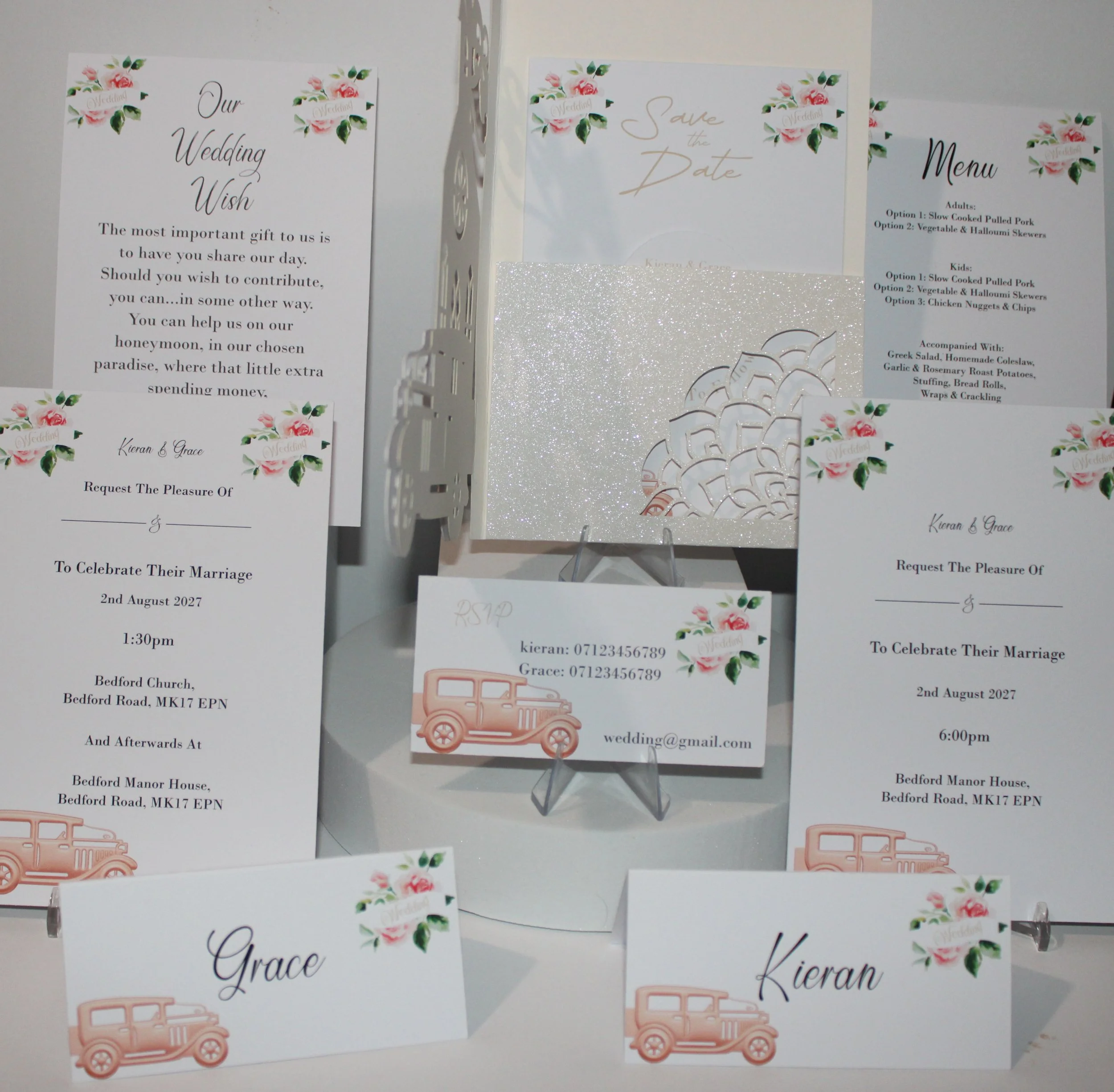 This invitation comes with or without the car on the crafted carrier card. What's included! Crafted card, Save the date with aluminium disc plus magnet for fridge attachment, Daytime & evening invitations, wedding wish card, menu option card, rsvp & 
