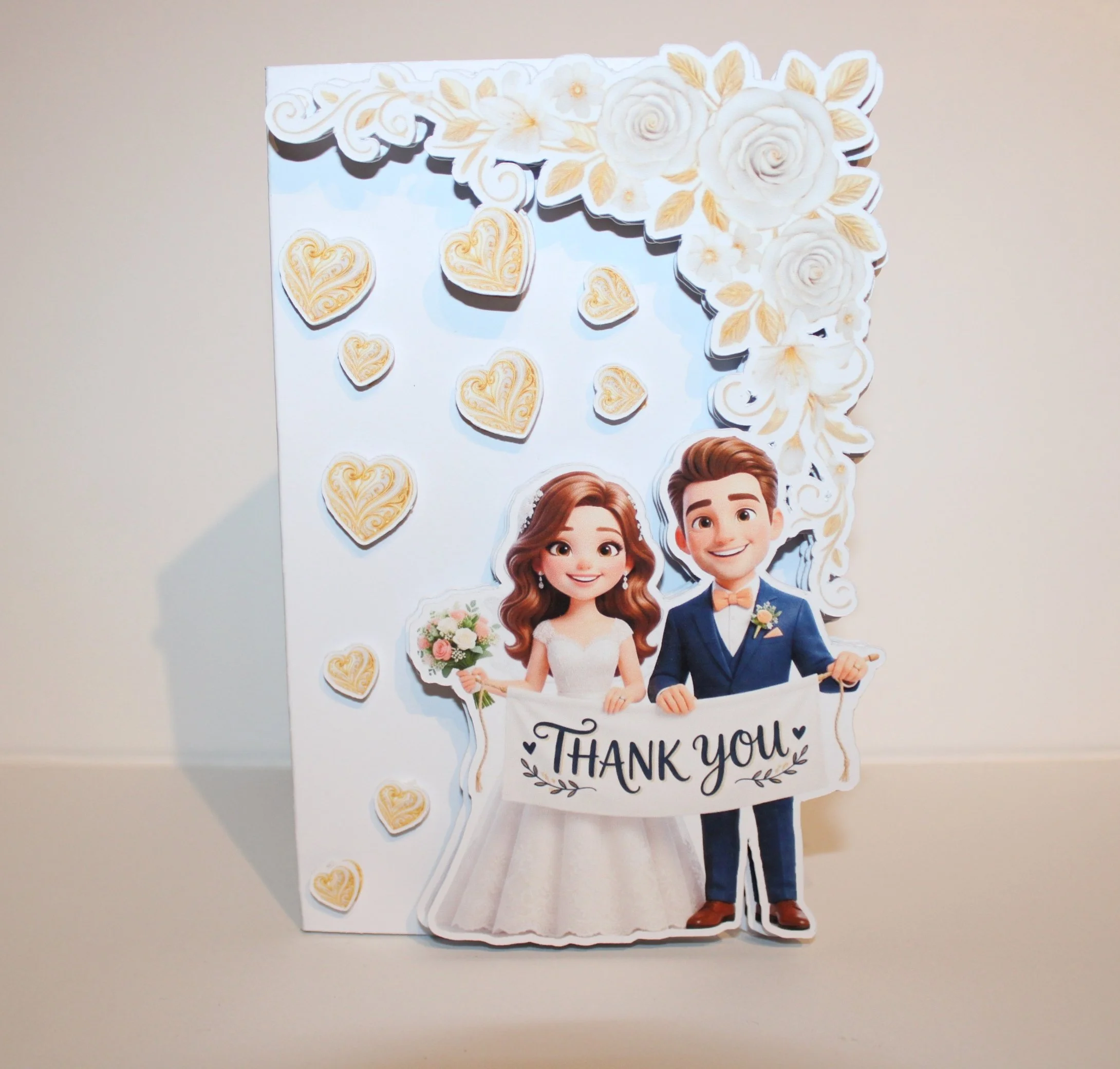 (NEW) Thankyou card!
Say thankyou to your guests for attending your wedding with this unique thankyou card.
Crafted on white card with AI generated images. The Bride and Groom flow seamlessly off the edge with a stunning floral border to compliment t