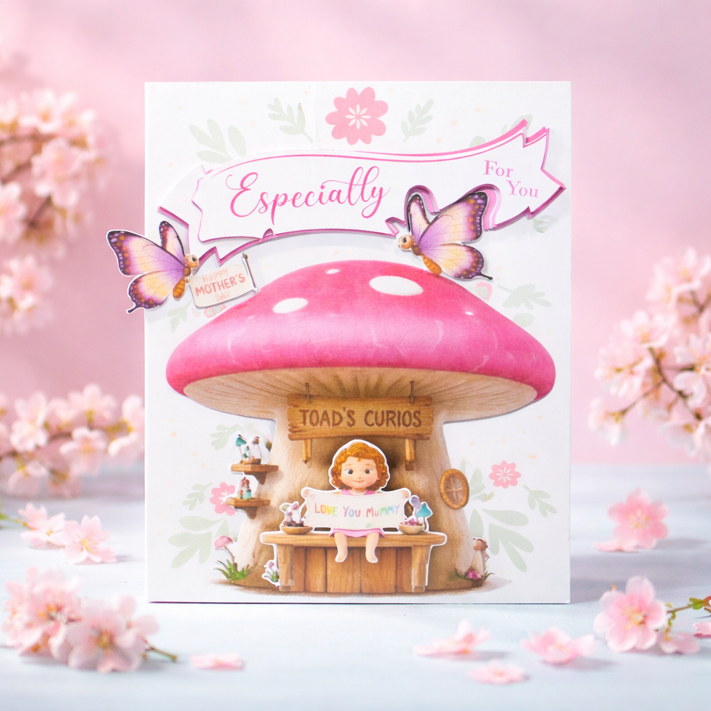 A Mother's Day card with a whimsical design featuring a large pink mushroom house with white spots, butterfly decorations, and small figurines. The card has pink and green floral accents, and phrases like "Especially for you" and "Love you" are visib
