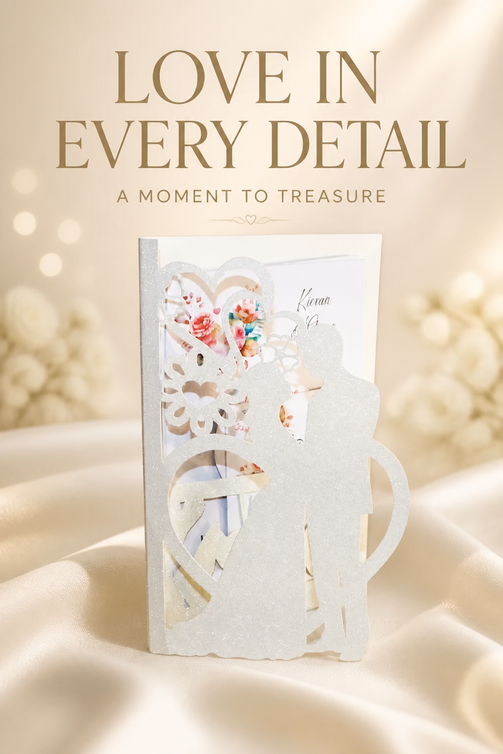 Bride & Groom Stationary Package! Introducing our exquisite invitation card with a intricately cut church to the front of the stationary. Adorned with shimmering white glitter and delicately cut hearts flowing off the church. This stationary is not j