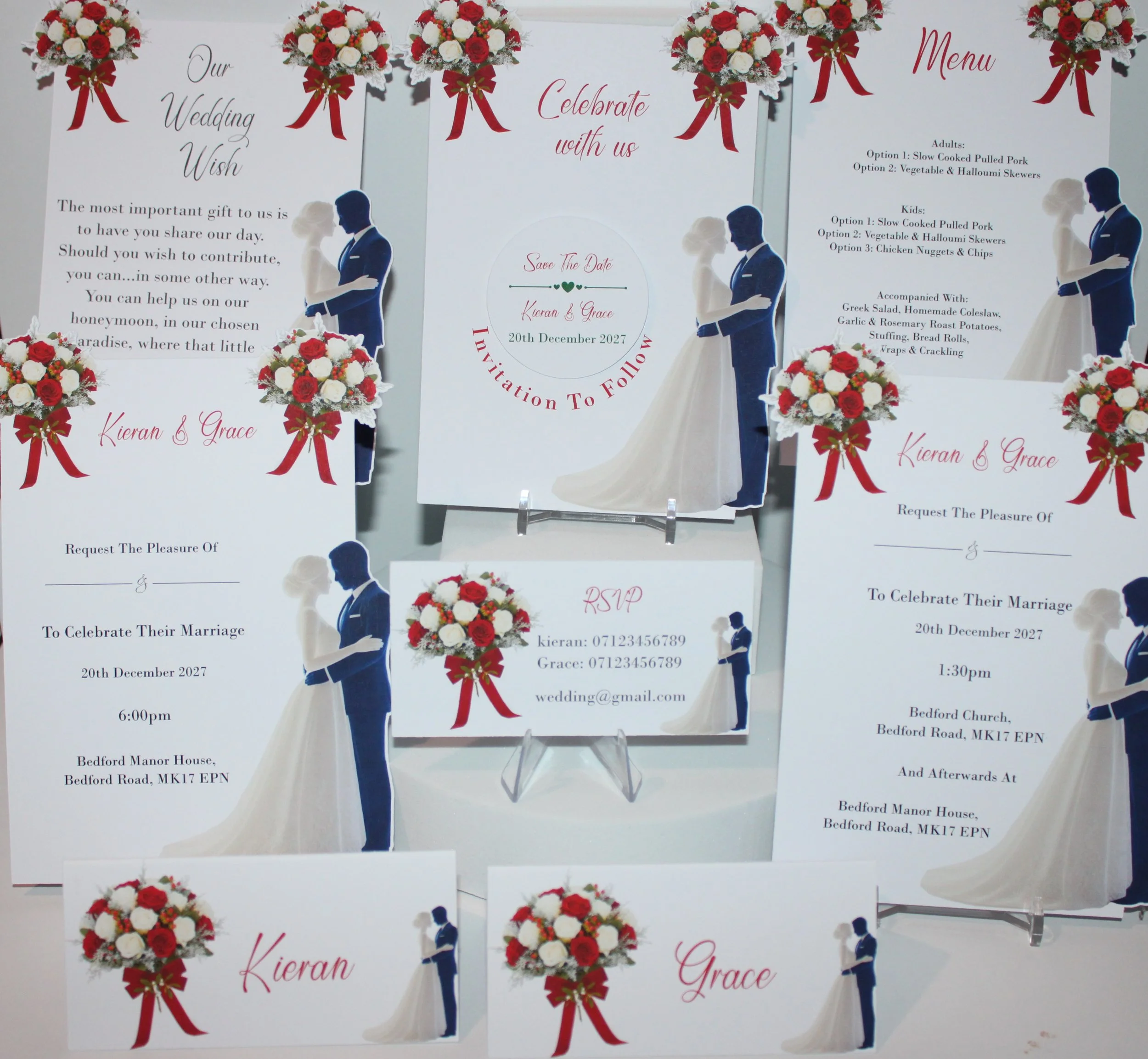 Wedding/Valentines Invitation Package!
Printed on white card with gorgeous floral bouquets adorning the corners, plus bride & groom extending off the card. This invitation really is a must have for that perfect Christmas/valentine wedding.
What's inc