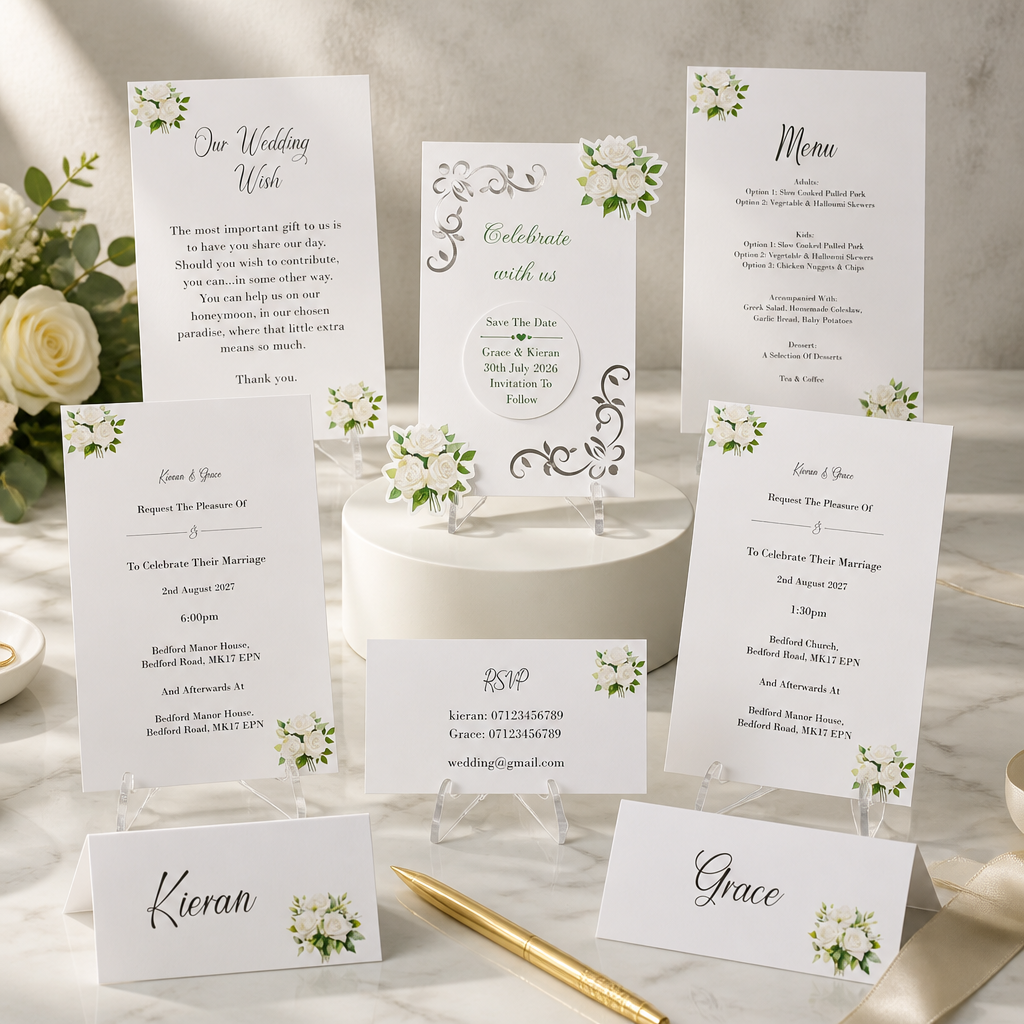 Printed White Rose Stationary Package!
This package offers a comprehensive set for your special day. Each card offers a beautiful finish adding a touch of sophistication. white roses are printed on each card enhancing the aesthetic appeal. The packag