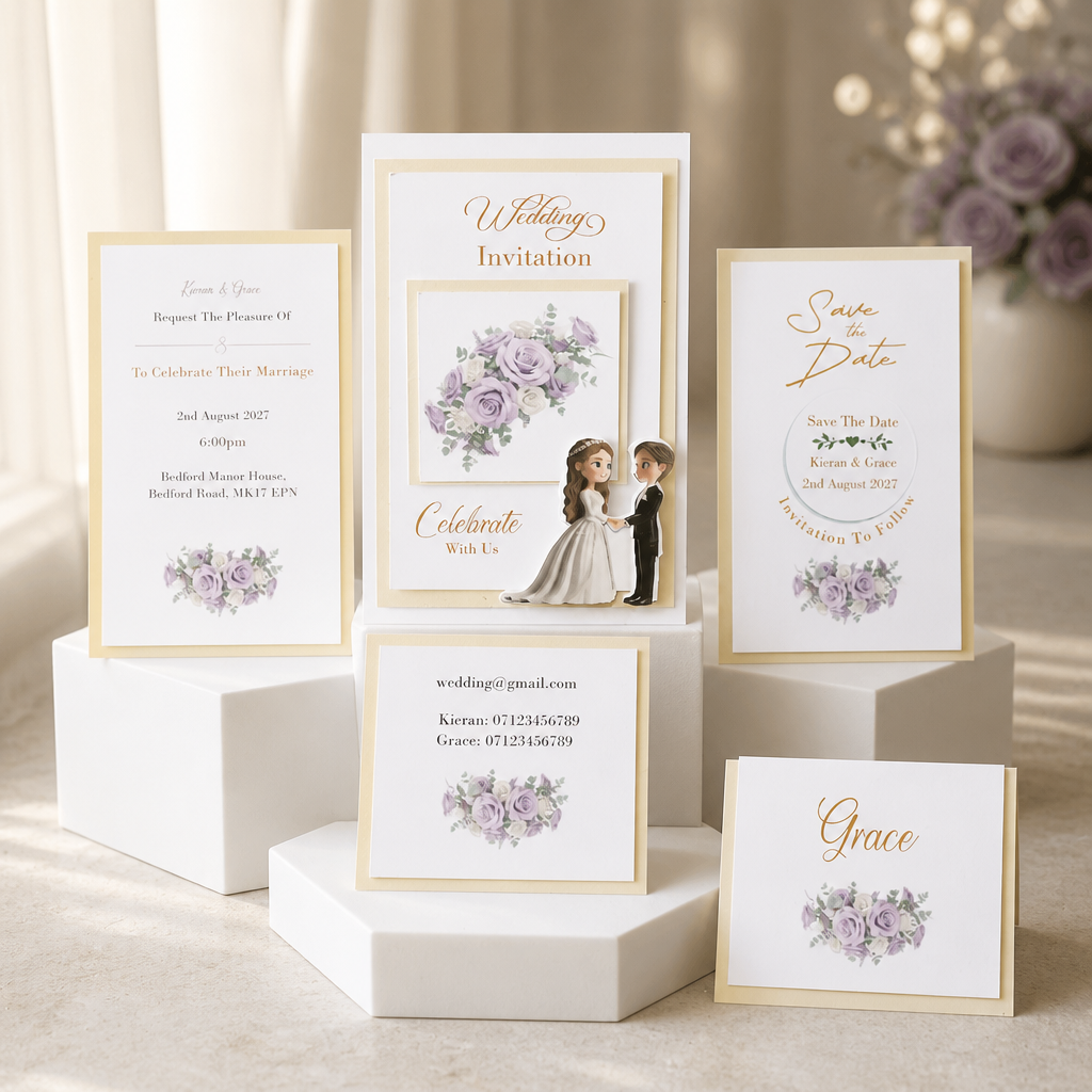 (New) Bride & Groom With Lilac Bouquet Wedding Stationary Package! 

A complete and elegant Stationary package printed and assembled onto cream card backgrounds. Each element is carefully crafted for a cohesive and refined presentation.
Front cover h