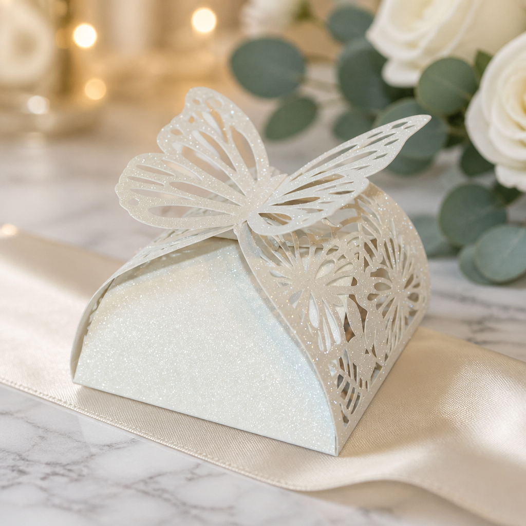 Butterfly Favour Box! 
These stunning little boxes are cut in the shape of a butterfly, and let me tell you, they’re absolutely enchanting! 
Honestly, every time I see one, it just makes me smile. #00148