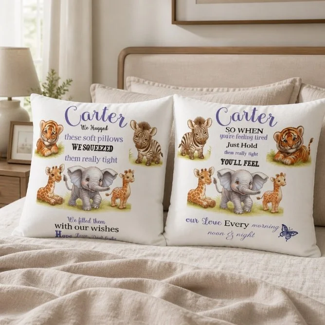 Printed cushion covers featuring adorable baby animals and a heartfelt message for the child. Soft, durable fabric with vivid, fade-resistant prints—perfect for nurseries, playrooms and gifts.
Charming designs: baby animals such as elephants, foxes, 