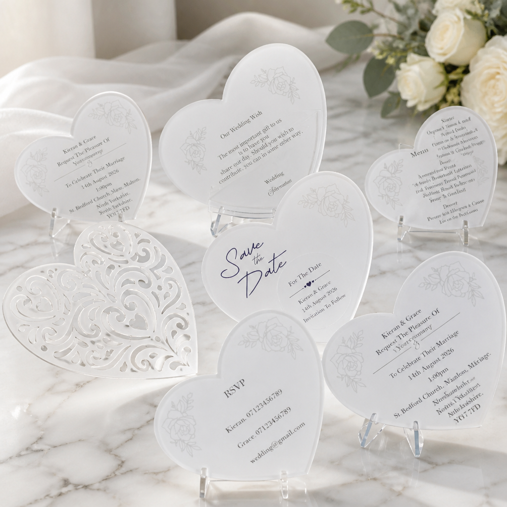 What's included! Crafted carrier card, Save the date with aluminium disc plus magnet for fridge attachment, Daytime & evening invitations, wedding wish, menu option, rsvp. #009