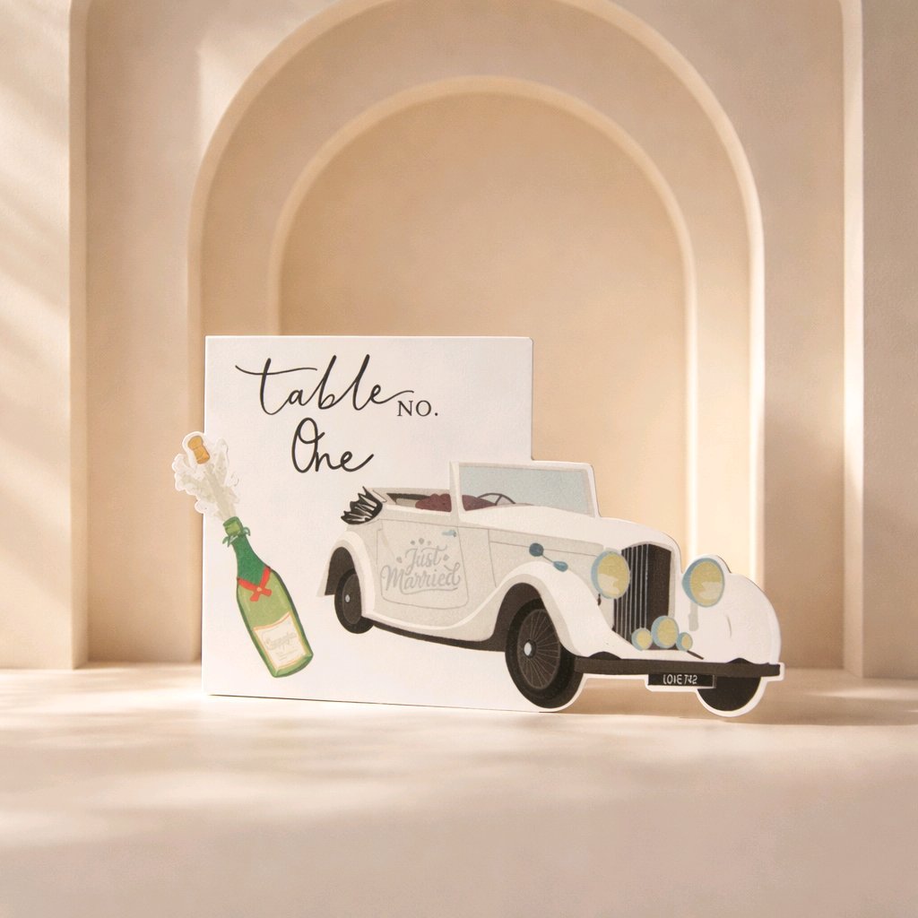 Vintage car table number!

The vintage car design extends beautifully off the edges, giving them a unique nostalgic feel. these truly are stunning cards. #00116