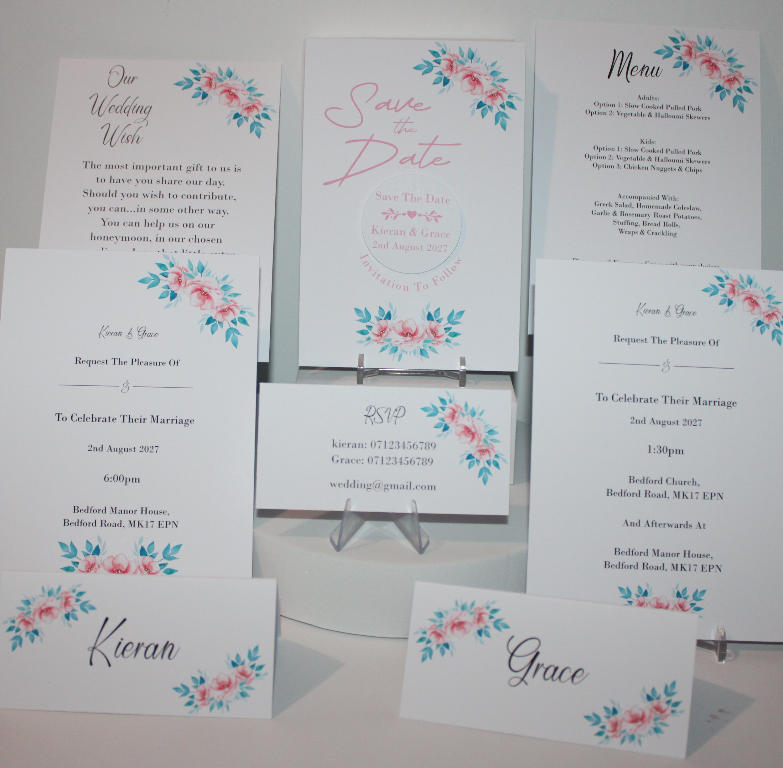 PRINTED BLUE/PINK FLORAL INVITATION PACKAGE! 
These invitations have an elegant pink rose printed onto either pearlescent or white card. Simply stunning stationary that is pleasing to the eye. What's included! Save the date with aluminium disc plus m