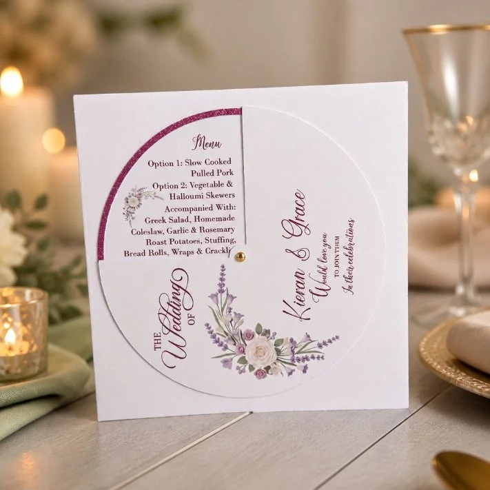 Bride & groom names large and centered on the rotating circle; date and venue visible either on the visible crescent when closed or on the inner panel once opened.

