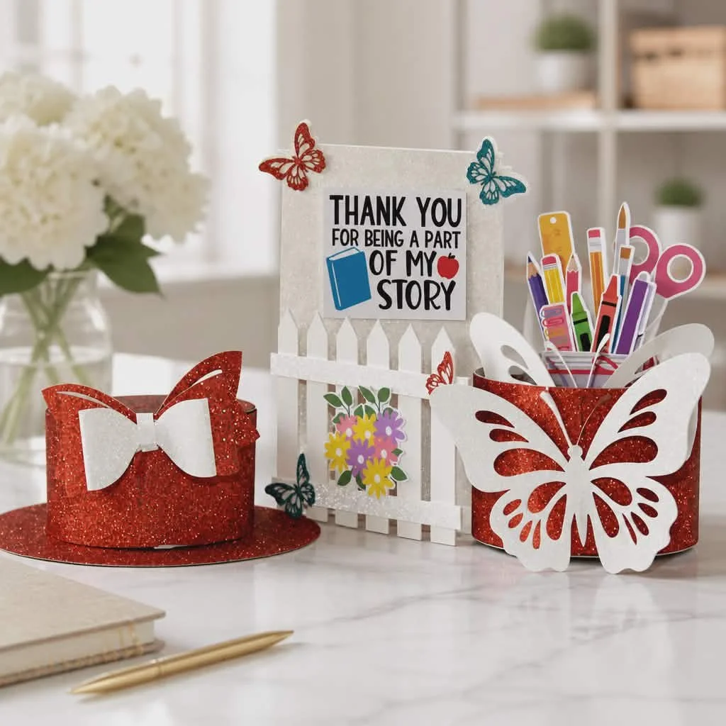 


A matching card designed with a gate-shaped front, die-cut to create an inviting opening that reveals a heartfelt message inside.

Small butterflies embellish the gate, adding movement and a whimsical touch that pairs beautifully with the accents 