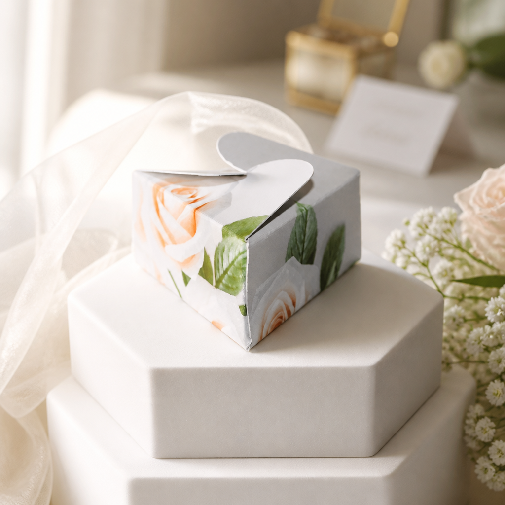 Swirl Closing Favour Box!
A peach floral rose has been printed onto this little box creating beauty as well as convenience. #00176