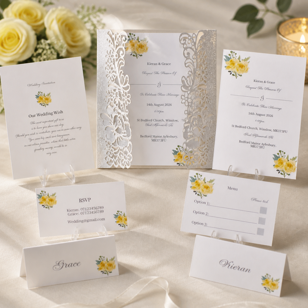What's included! Crafted carrier card, Save the date with aluminium disc plus magnet for fridge attachment, Daytime & evening Stationary, wedding wish, menu option, rsvp & two place cards. #008