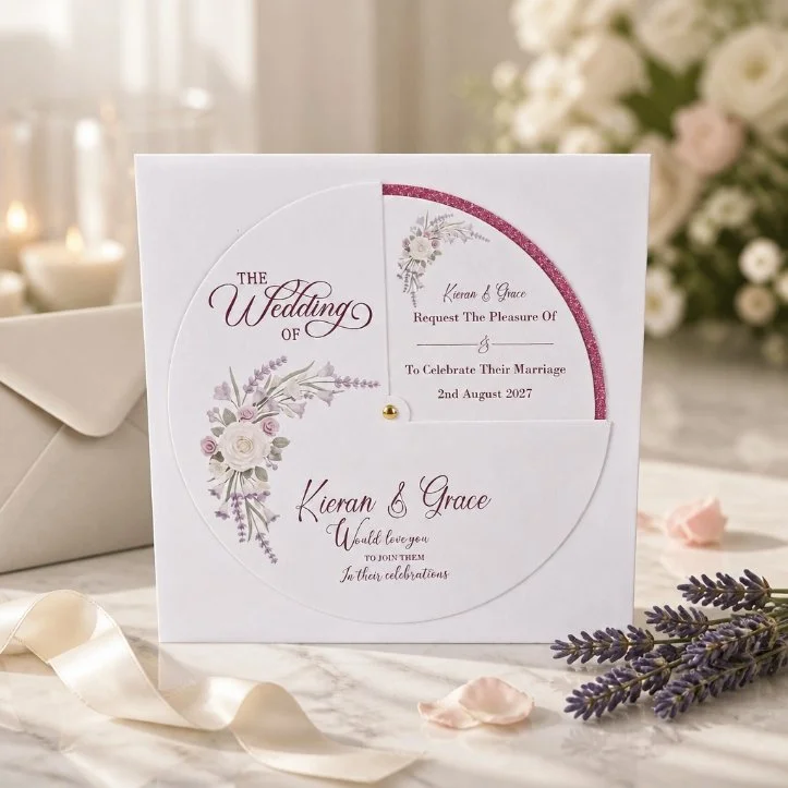 (NEW) 
A single flat card with a rotating 3/4 circle cover (die-cut) that pivots on a discreet rivet in the card’s center. #0020

