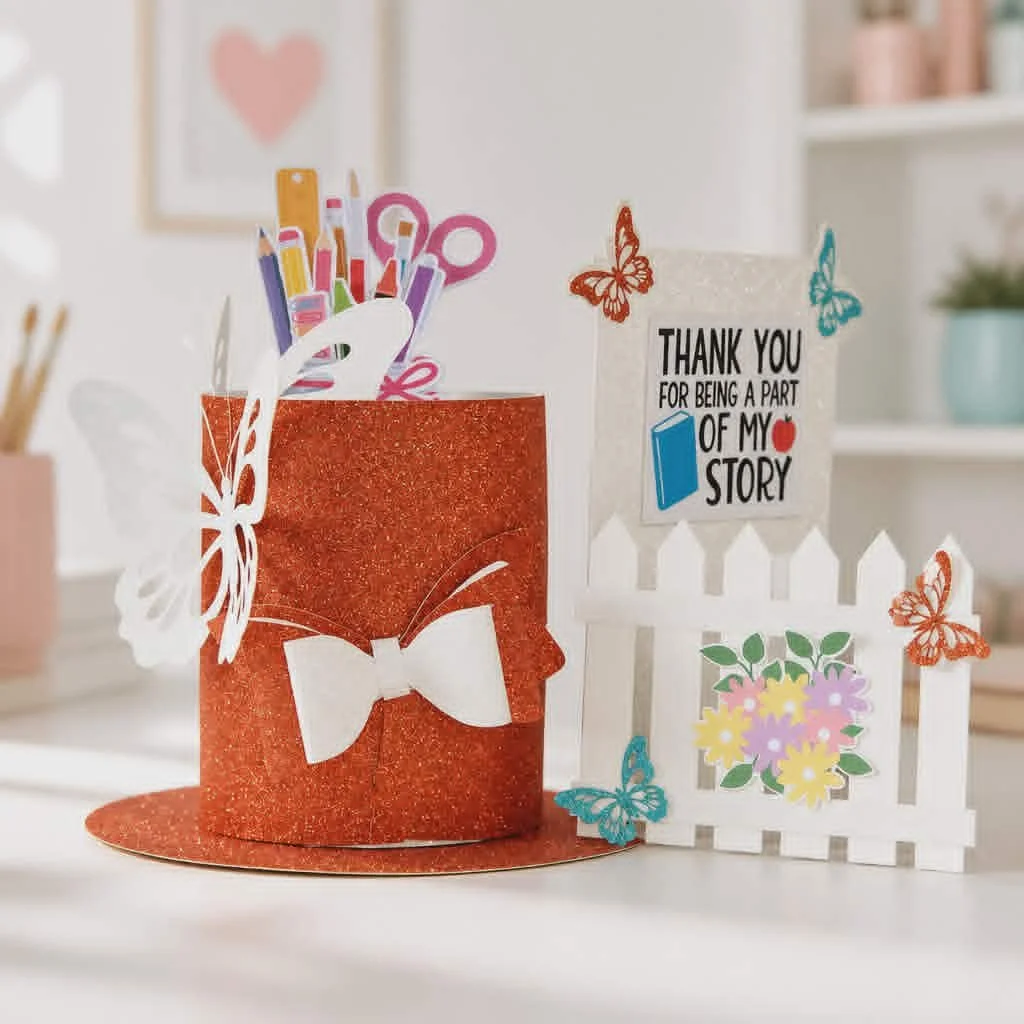 A beautifully crafted “Thank you, Teacher” gift set, perfect for showing your appreciation in a thoughtful, handmade way.

Hat-shaped Pencil Pot

Handcrafted from sturdy card, the hat features a removable lid so it doubles as a stylish storage pot fo