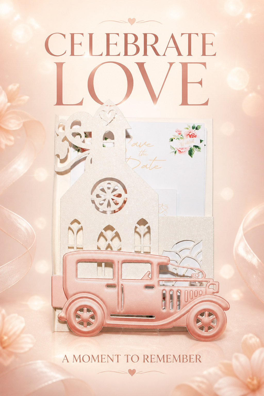 Vintage Car & Church Stationary Package!
Unique stationary beautifully cut to resemble a vintage car in front of the church. Crafted on white shimmering glitter card, this really is  stunning stationary.
#003