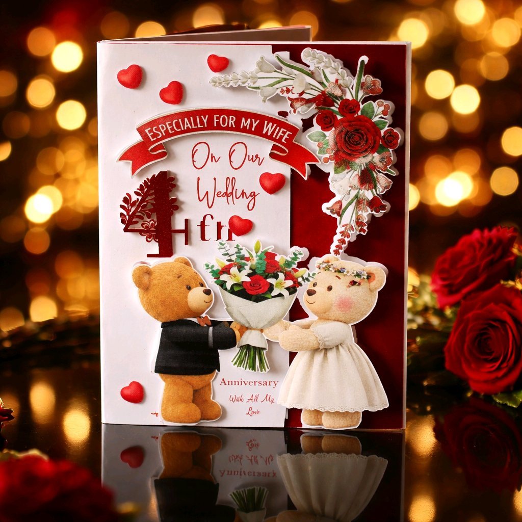 (NEW) Wedding Anniversary card. Front (outside) Full-bleed 3D-effect images: two AI-generated teddy bears — holding a bouquet. Message on front reads, Especially for my wife on our wedding anniversary. With all my love. Envelope is supplied. The flor