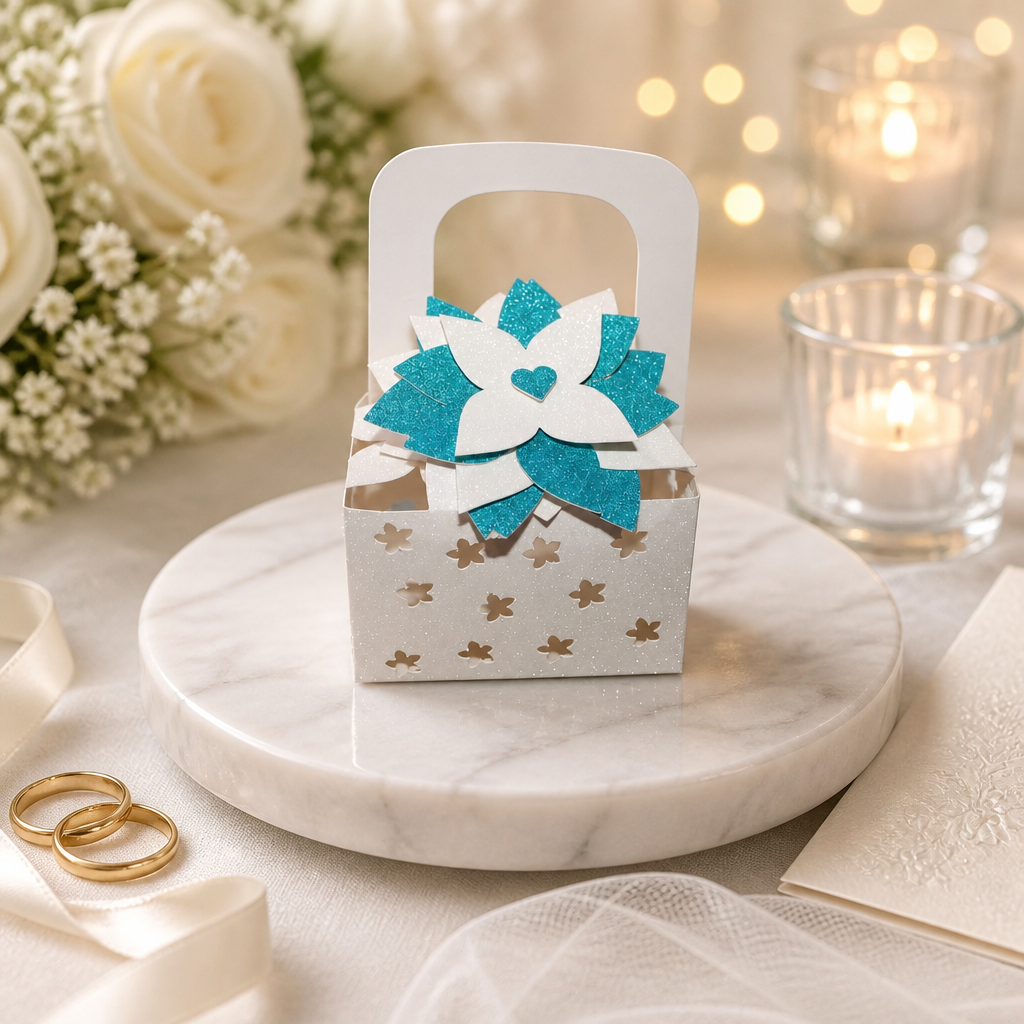 Flower scatter box!
These boxes are so cute, flowers have been intricately cut onto the box. In addition there is also a large flower that acts as a closing. crafted in white & blue glitter card, this box really is beautiful. #00166