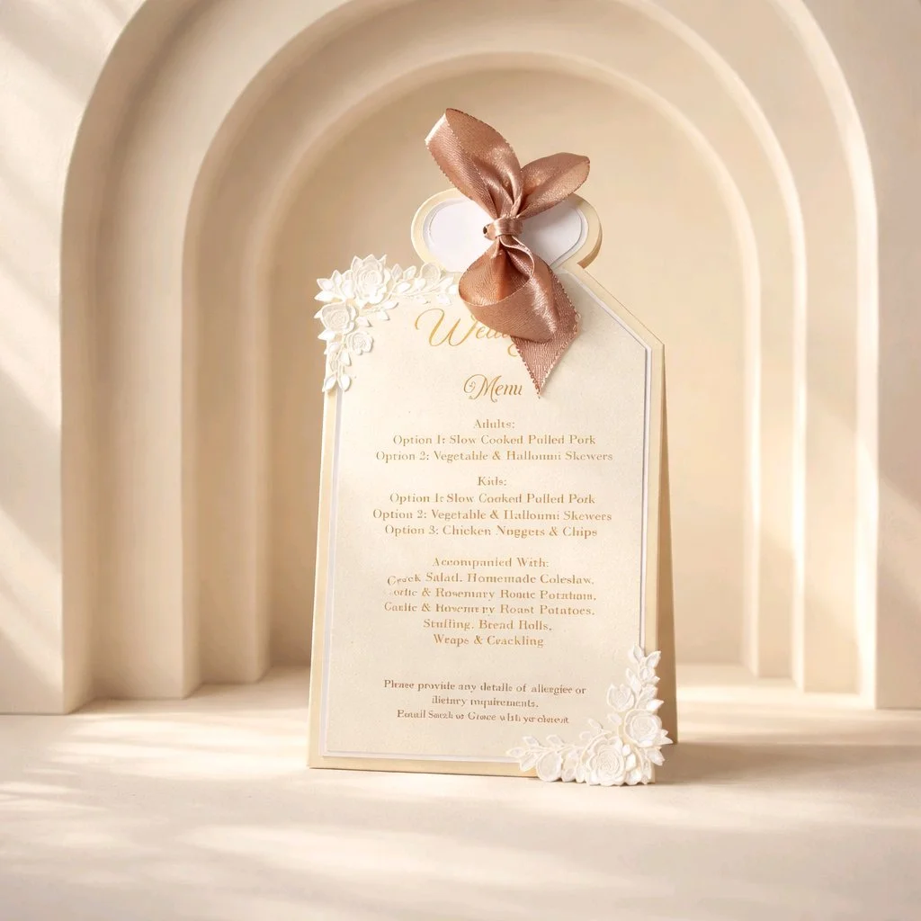 Wedding Table Menu!
Present your guests with this gorgeous 3 layered menu card. Adorning the edges of the menu are flowers, flowing seamlessly off the edge of the corners. Finished with a white heart and silk ribbon. They will surely compliment your 