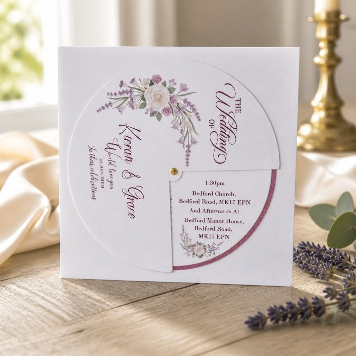 Opening action: The 3/4 circle rotates clockwise to reveal the invited details printed on the underlying panel. When closed, the cover forms a near-complete circle with a slender crescent gap for visual intrigue.
