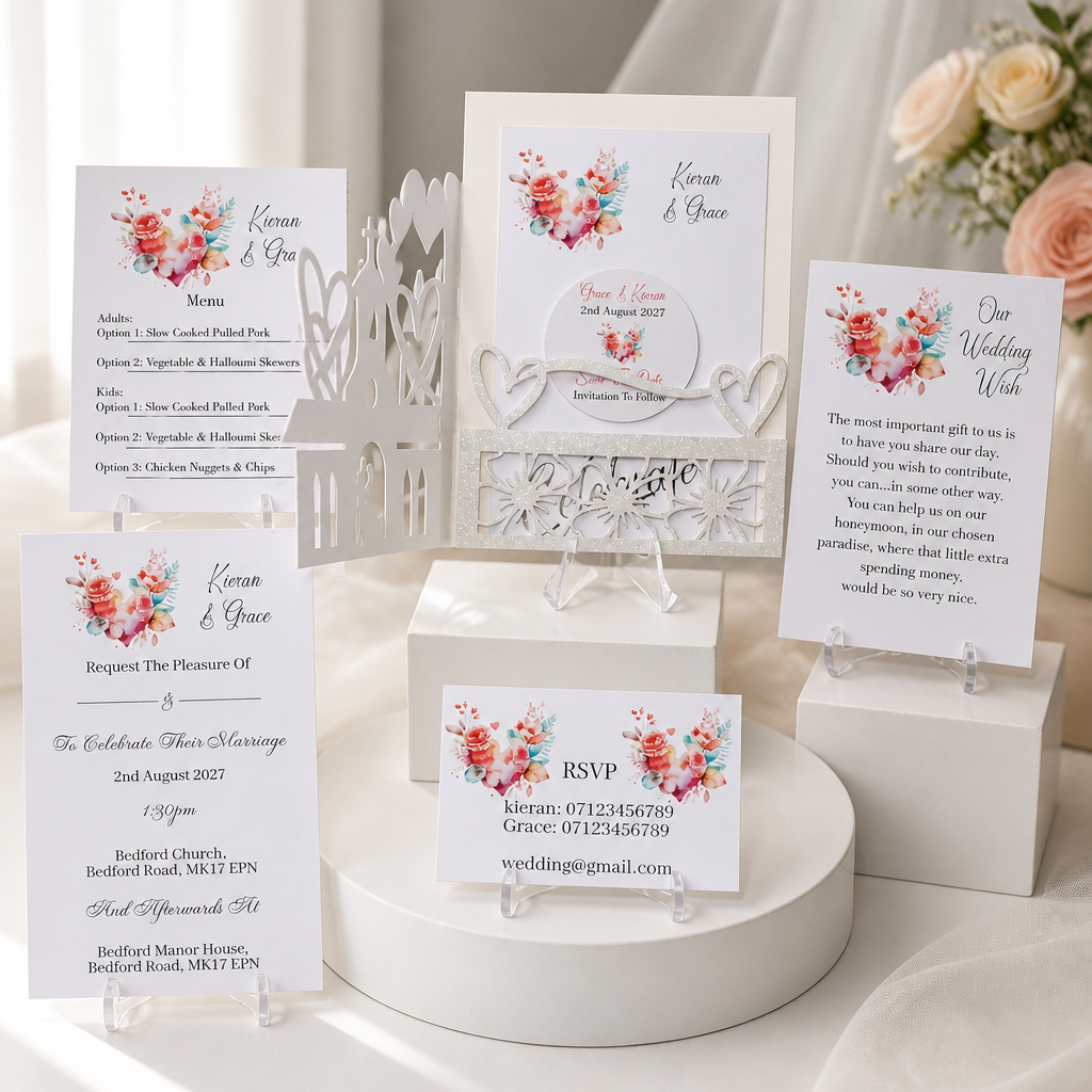 This Stationary is not just a piece of card, it’s a sneak peak into the magical day you’ve been dreaming of. whether you want daytime or evening Stationary, we’ve got you covered with the inserts included. 
What's included! Crafted carrier card, Save