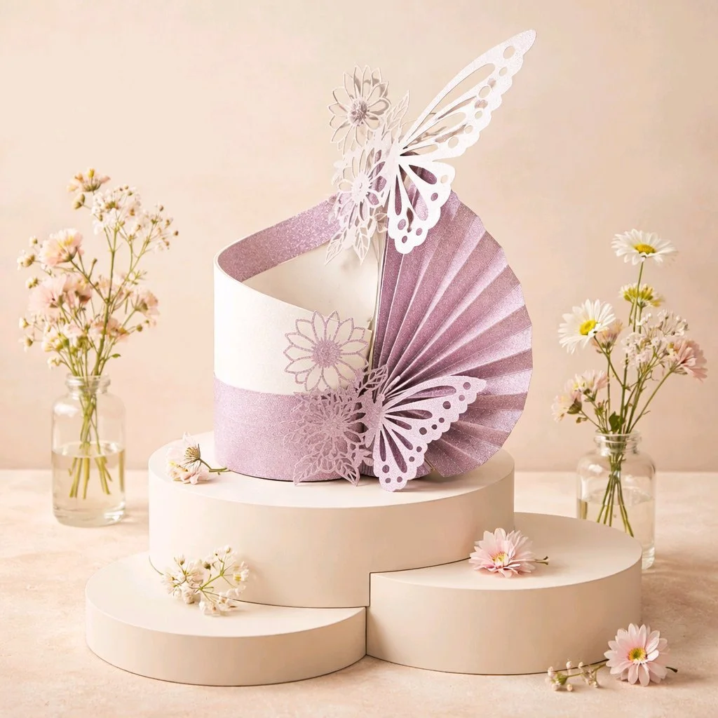 Fan Vase Gift Box/Favour Box or Table Decoration.
Wow! wow! wow! 

This box has been adorably crafted with attention to detail. 

Cut onto white & light pink glitter card, these really are an eyecatcher. This box will hold many sweet treats. Attached