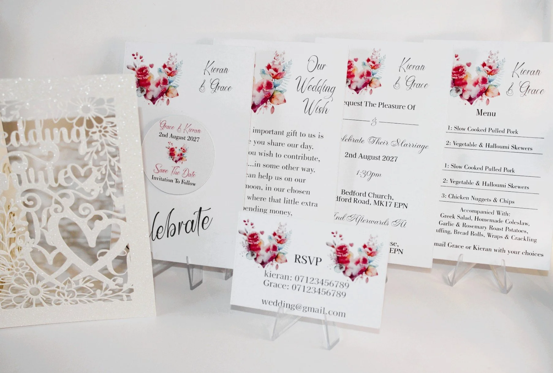What's included! Crafted carrier card, Save the date with aluminium disc plus magnet for fridge attachment, Daytime & evening invitations, wedding wish card, menu option card, rsvp & two place cards.