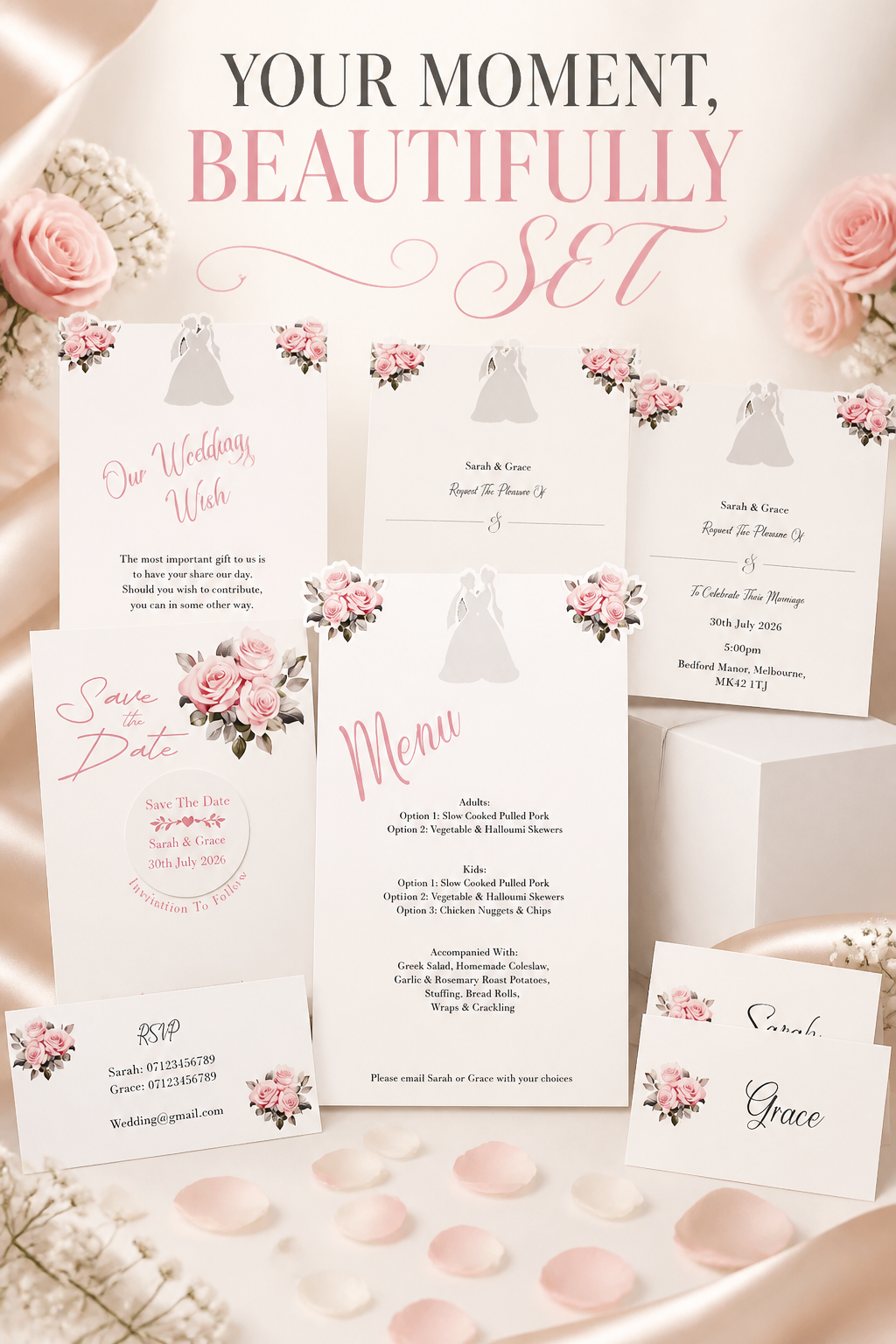 Printed Pink Bouquet Stationary Package!
Printed with a beautiful pink floral bouquet & the brides flowing off the top of the Stationary, these are unique but elegant. 

What's included! Save the date with aluminium disc plus magnet for fridge attach