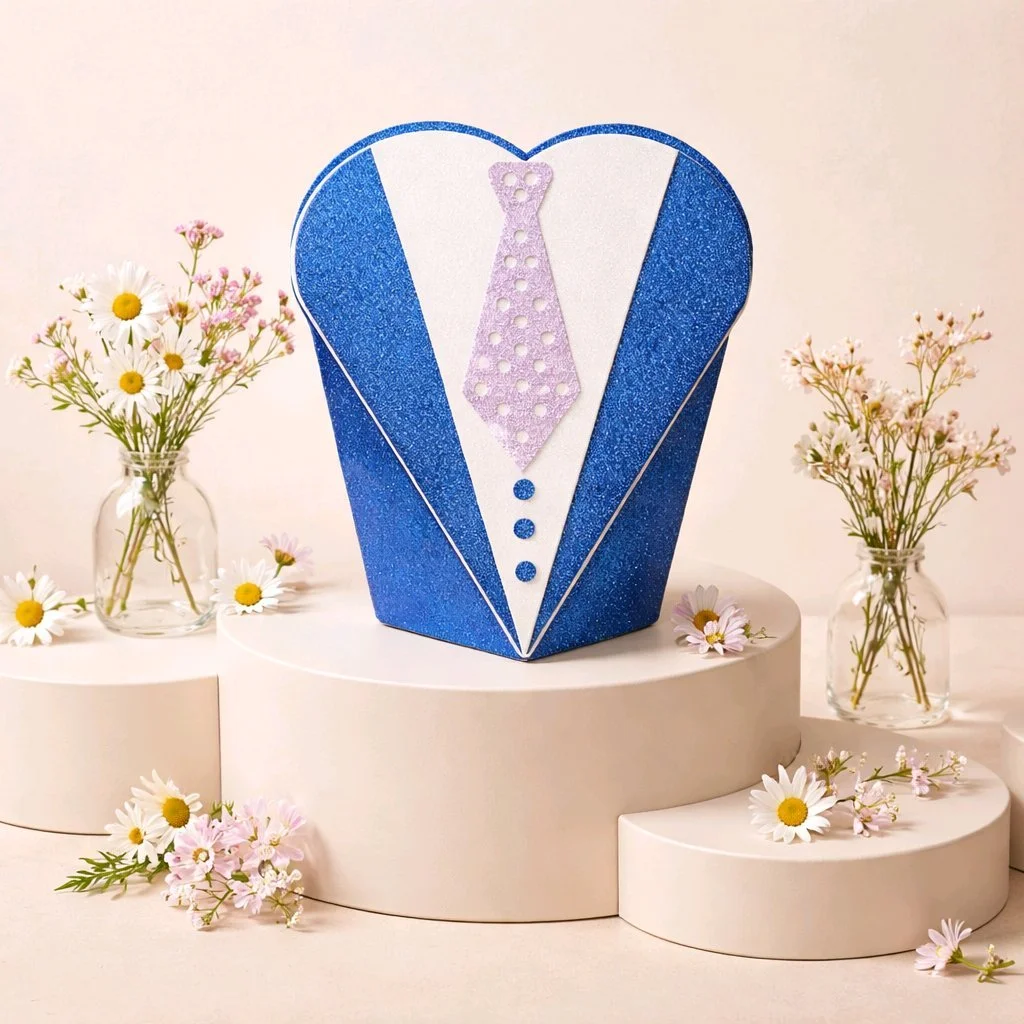 Large Tuxedo Favour Box!
Crafted with a stunning blue  card & cut into a tuxedo design, 

This will certainly bring a unique flair to your wedding day. Perfect for small chocolates. (Chocolates Not Included)  Simply squeeze the sides & pop in your sw