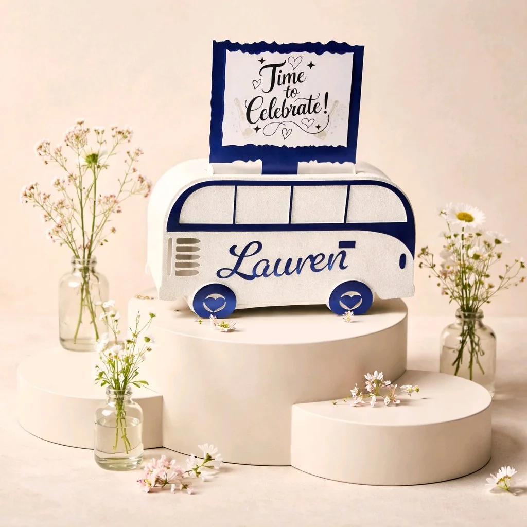 Blue metallic campervan favour box!
These gorgeous campervan favour boxes will have you captivated. 

They have been crafted in a shimmering white glitter card & finished in a stunning shiny blue metallic card. #00163