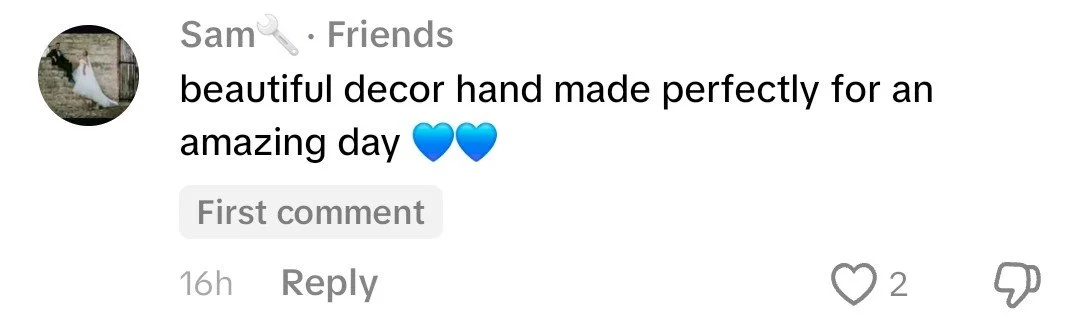 Text post on social media about beautiful handmade decor for an amazing day, accompanied by two blue heart emojis.