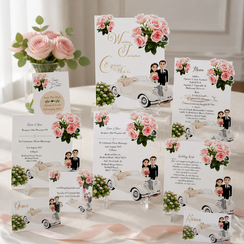 What's included! Crafted carrier card, Save the date with aluminium disc plus magnet for fridge attachment, Daytime & evening Stationary, wedding wish, menu option, rsvp & two place cards. #0012