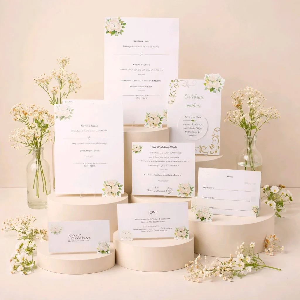 What's included! Crafted carrier card, Save the date with aluminium disc plus magnet for fridge attachment, Daytime & evening invitations, wedding wish card, menu option card, rsvp & two place cards.