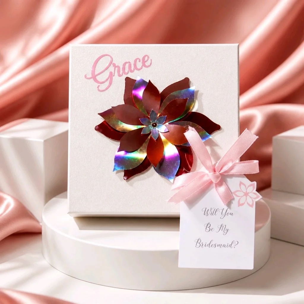 The perfect gift box! Ask your best friend/family member to be your bridesmaid or maid of honour with the cutest gift box. The boxes have their names attached to the lid in a lovely pink vinyl. In addition there is also a flower that is cut out of ro