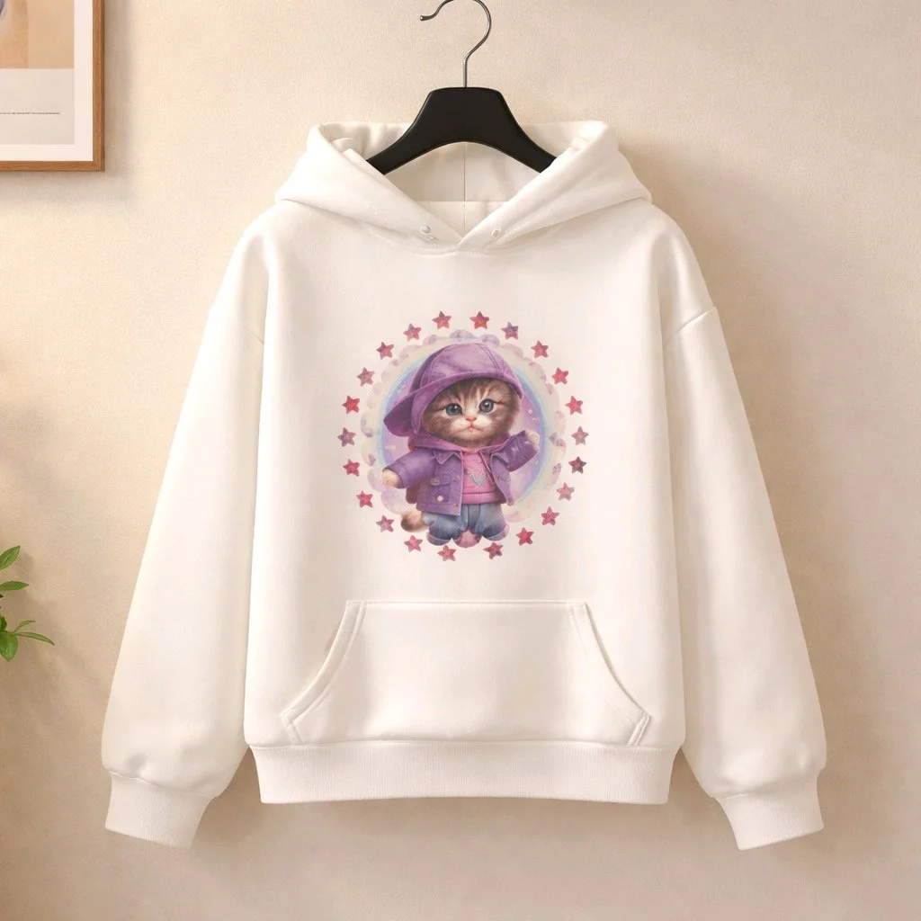 Personalised Kids Hoodies. Sizes Available From 1-10yrs!  Colourful cool cat print. Name can be added for personalisation. Polyester #00242