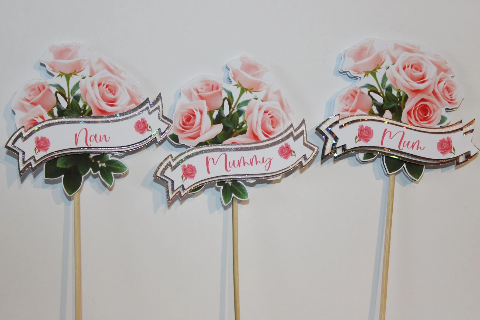 (NEW) Mothers Day Prop Sticks For Bouquets! 
Cut with smooth glitter card and holographic card and attached to a sturdy stick. #00268
