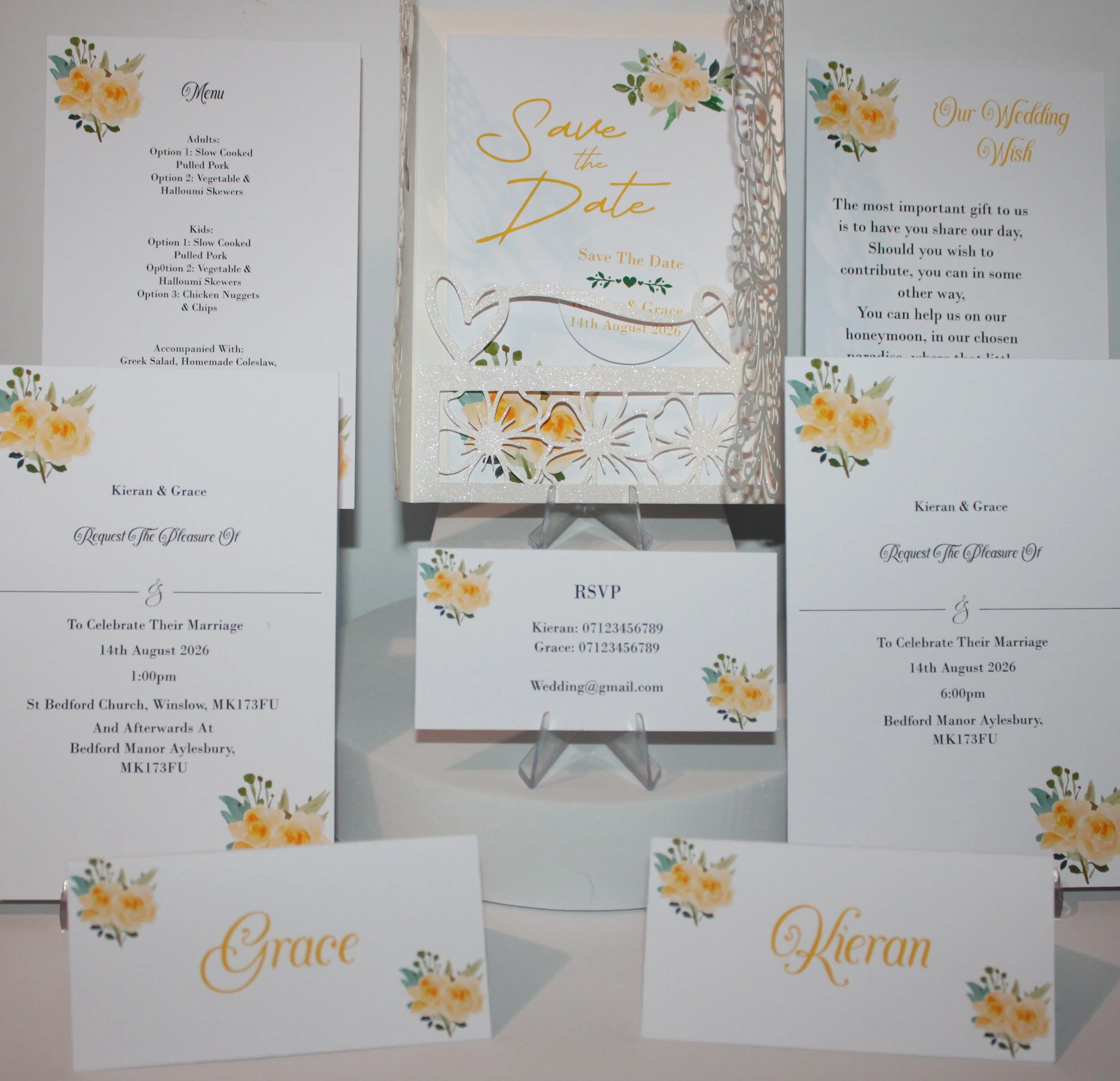 What's included! Crafted carrier card, Save the date with aluminium disc plus magnet for fridge attachment, Daytime & evening invitations, wedding wish card, menu option card, rsvp & two place cards.