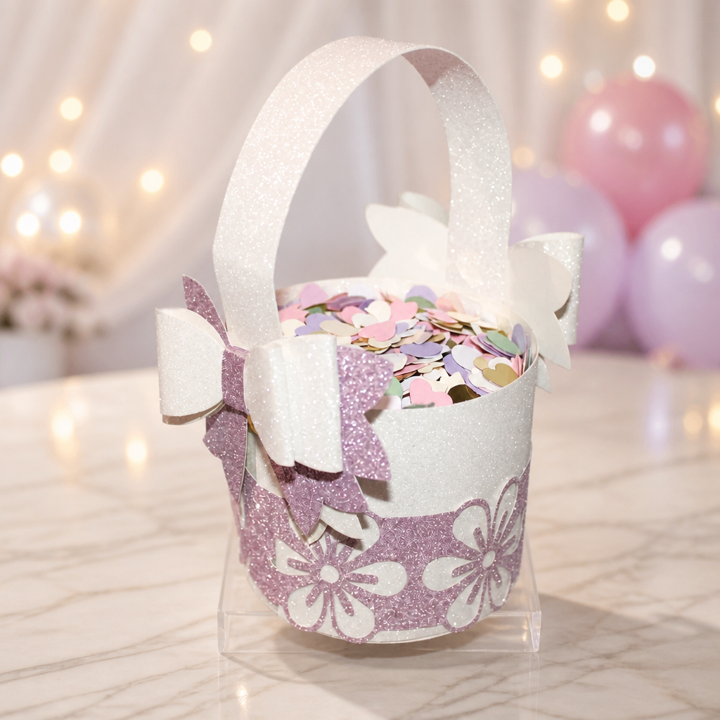 Flower Girl Basket!
Wow! A flower girl basket fit for a princess, This little basket has been cut out of a shimmering white glitter card, that sparkles in the light. (Confetti Not Included).  #00205