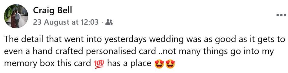 Facebook post by Craig Bell about a wedding, mentioning a handmade personalized card and emojis of hearts and the number 100.