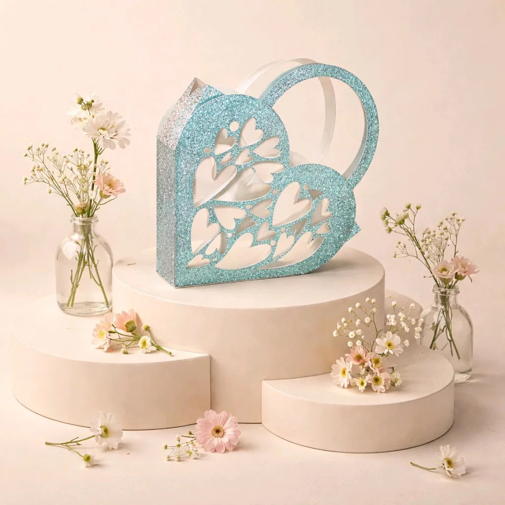 Intricate heart box with handles! 
Crafted from a beautiful blue glitter card, 

this box has been intricately cut with inner hearts & a background colour to highlight the hearts. A stunning little box with ample room for those sweet treats. #00160