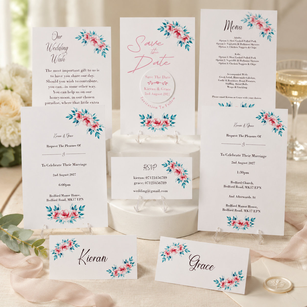 Printed Pink & Blue Floral Stationary Package! What's included! Save the date with aluminium disc plus magnet for fridge attachment, Daytime & evening Stationary, wedding wish, menu option, rsvp & two place cards. #0017