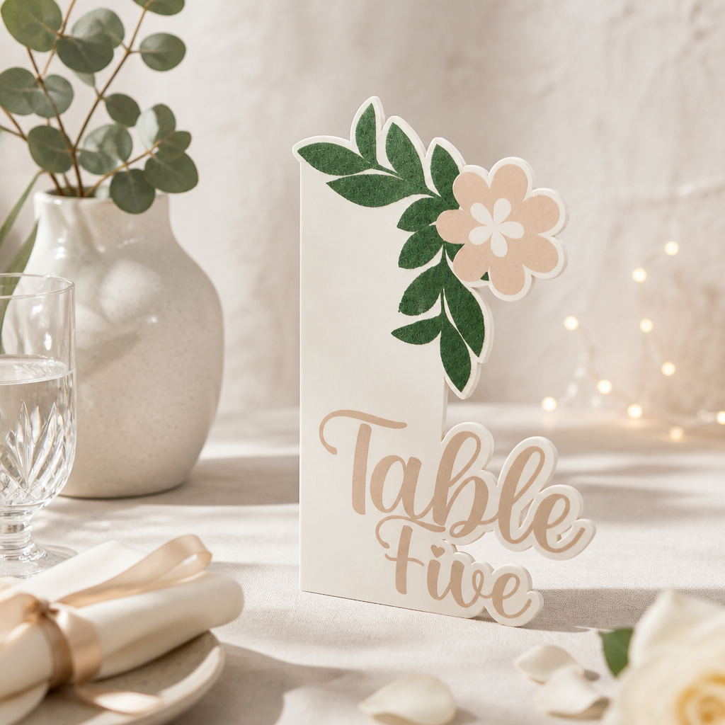 Floral Edge cards table number!

With their precise cut these cards seamlessly integrate the table number & floral details. They feature a sleek design perfect for your special day. Ideal for those who appreciate simplicity. They offer a clean look t