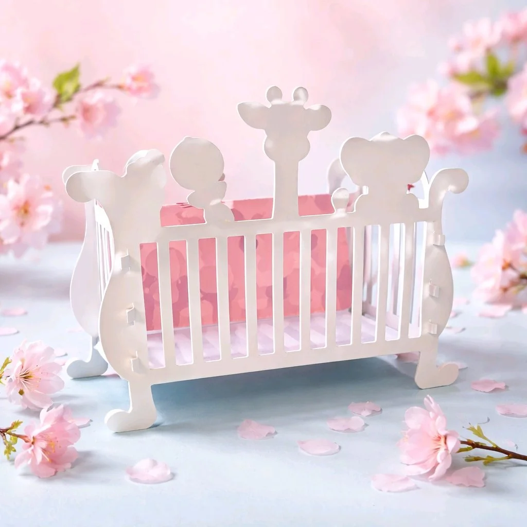 Precision-cut design replicates a classic cot including slatted sides and curved headboard. This really is a cute little gift carrier for your Mum-to-be.
