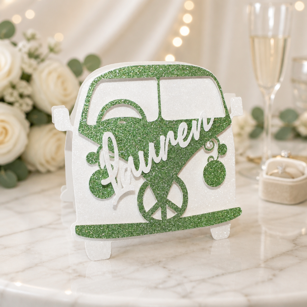 Campervan Place Card!
Cut on white & green glitter card. #0081