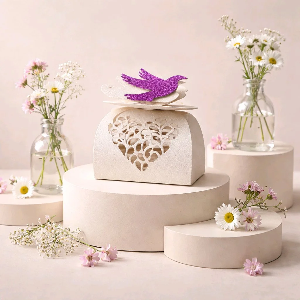 Dove Favour Box!
This gorgeous box has been cut with two doves holding a heart. .
The doves close the box making this a stunning piece. There are also additional intricate hearts on the side of the box.
A stunning little box to hold your sweet treats