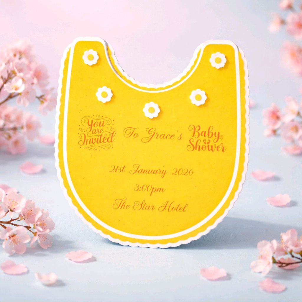 Baby Shower Invitation! 
Printed in the shape of a babies bib. Available in a variety of colours. 
Option 1 lemon. #00539
