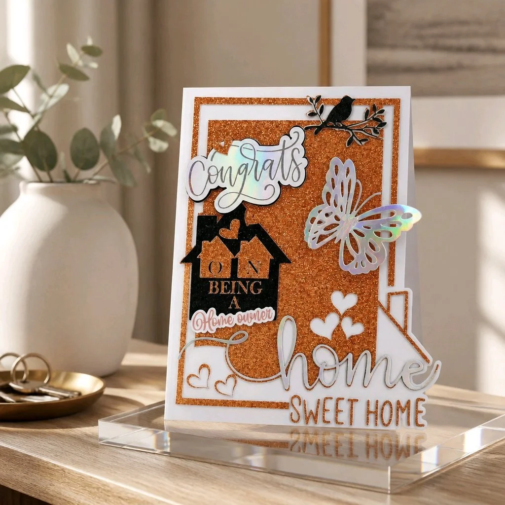 Congratulations On Your New Home Card!
Make someone's day with this beautifully cut new home card, a cute butterfly adorns the card. Cut in silver holographic and burnt orange smooth glitter card.  Add your own message inside. #00159