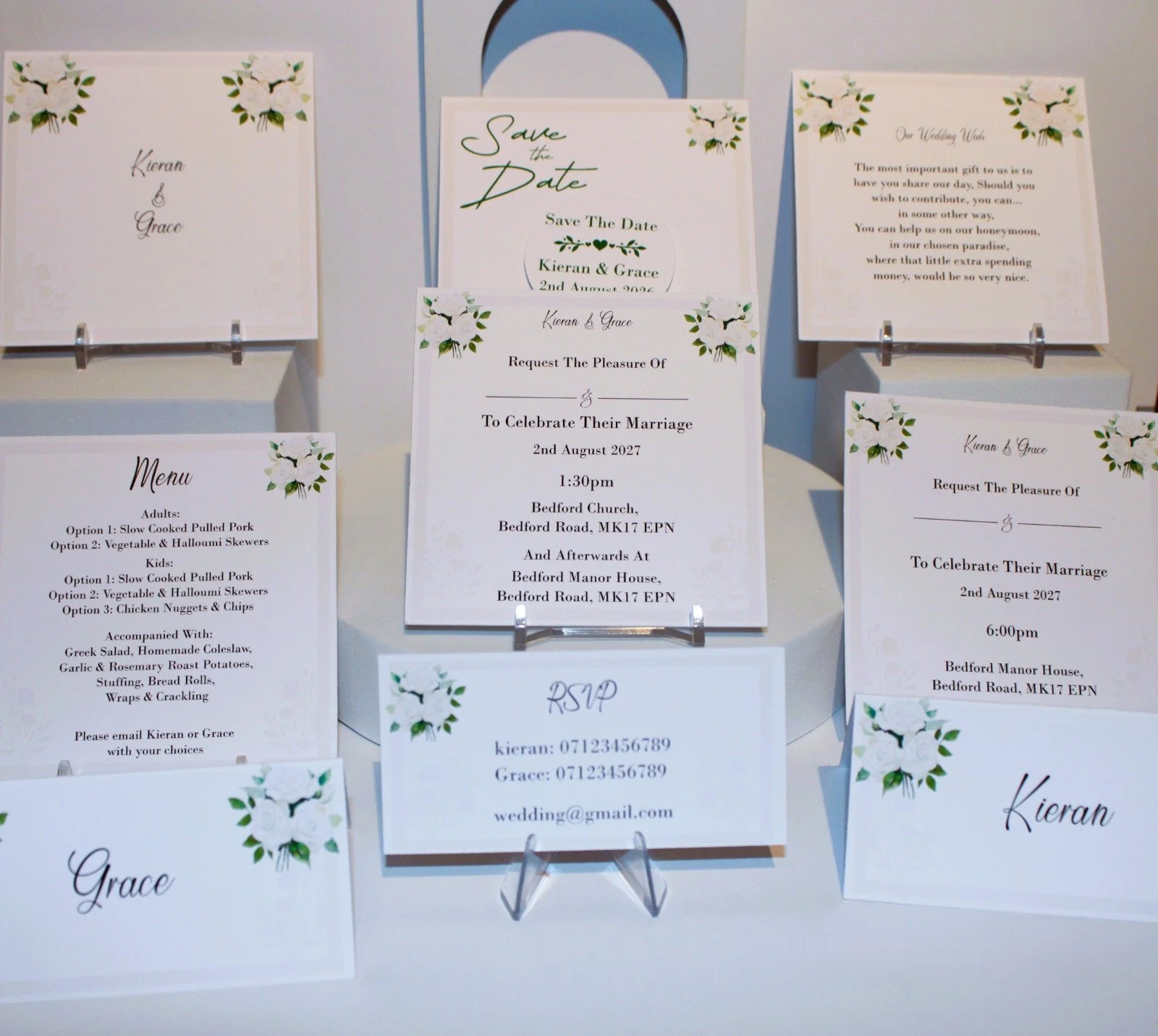 What's included! Crafted carrier card, Save the date with aluminium disc plus magnet for fridge attachment, Daytime & evening invitations, wedding wish card, menu option card, rsvp & two place cards.