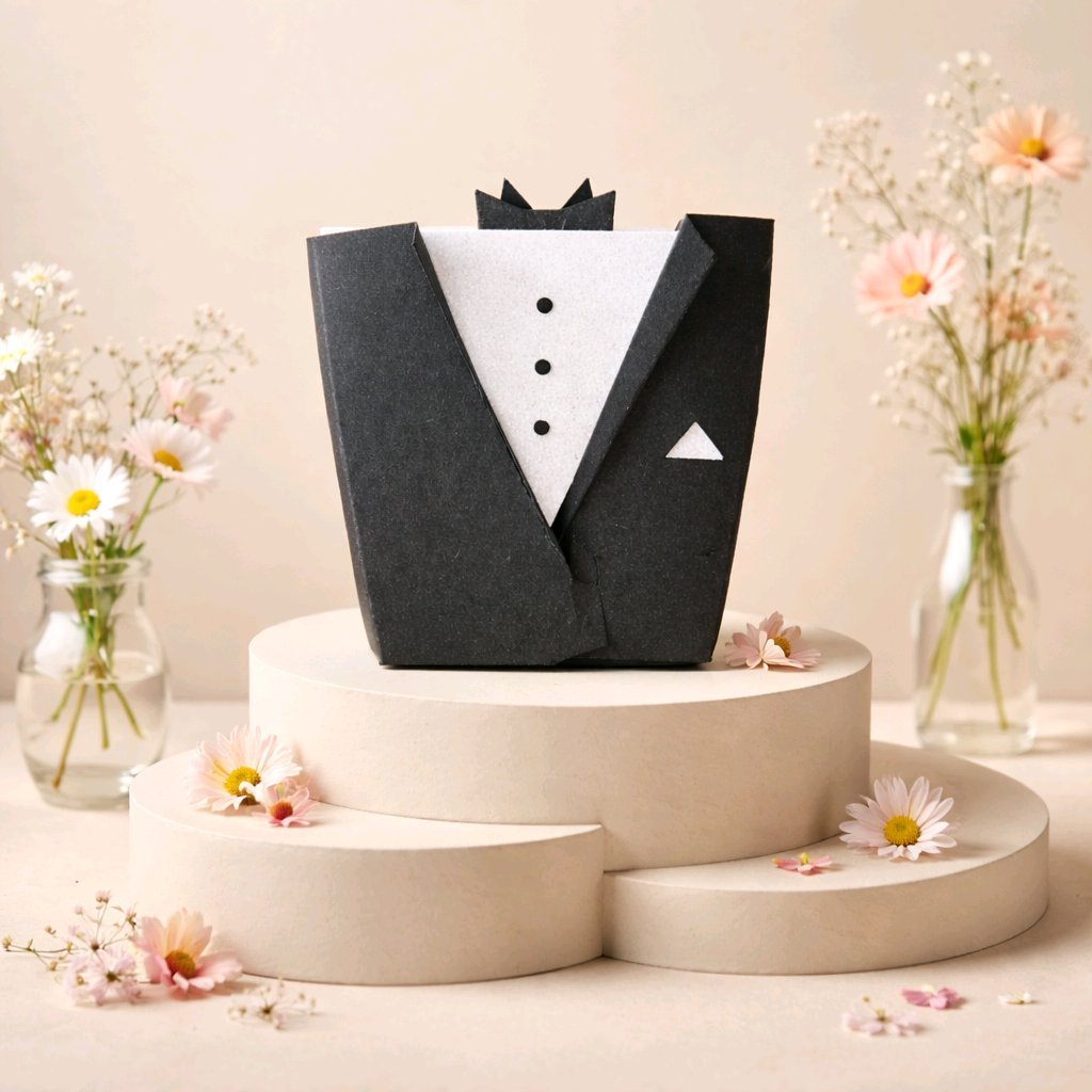 Tuxedo Favour Box!
Crafted with a stunning black card & cut into a tuxedo design. Perfect for small chocolates. (Chocolates Not Included)  This will certainly bring a unique flair to your wedding day. #00177